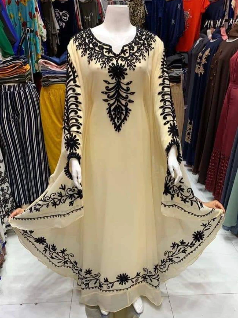 

Women Long Dress Dubai Beige Moroccan Kaftan Georgette Dress Jilbab Arabian Clothing