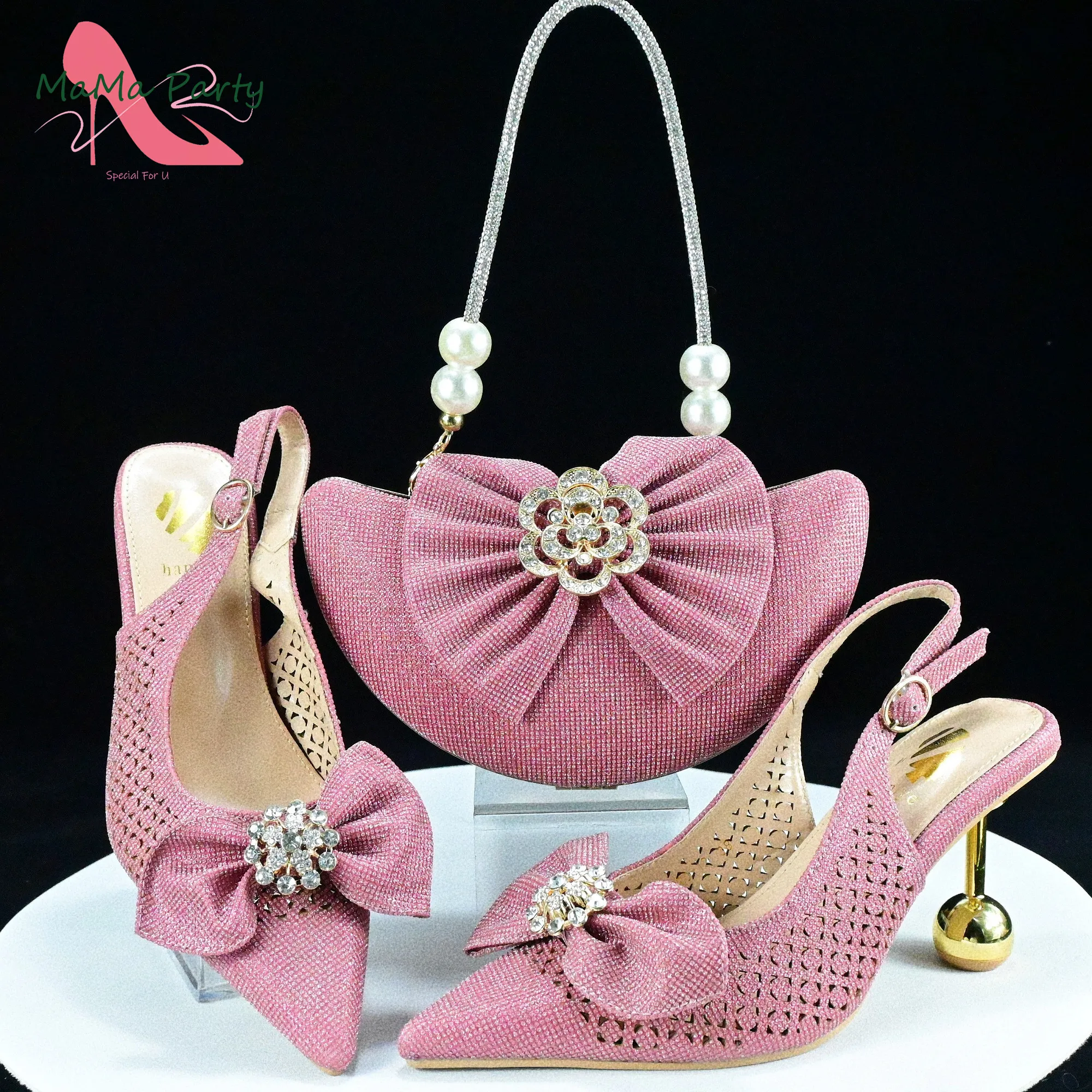 

2024 Super High Heels New Arrivals Italian Women Shoes and Bag Set in Pink Color Pointed Toe with Appliques For Dress