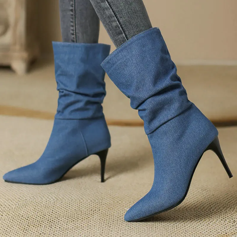 

Blue Black Denim Jeans Boots Pointed Toe Thin High Heels Low Calves Pleated Stiletto Botines Winter Autumn Shoes Large Size 48