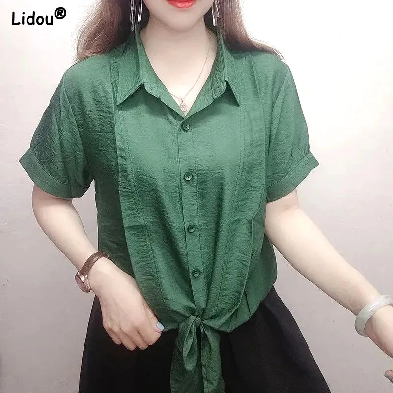 Office Lady Elegant Korean Fashion T-Shirts Casual Loose Solid Button Lacing Turn-down Collar Women's Clothing Short Sleeve Thin
Office Lady Elegant Korean Fashion T-Shirts Casual Loose Solid Button Lacing Turn-down Collar Women's Clothing Short Sleeve Thin