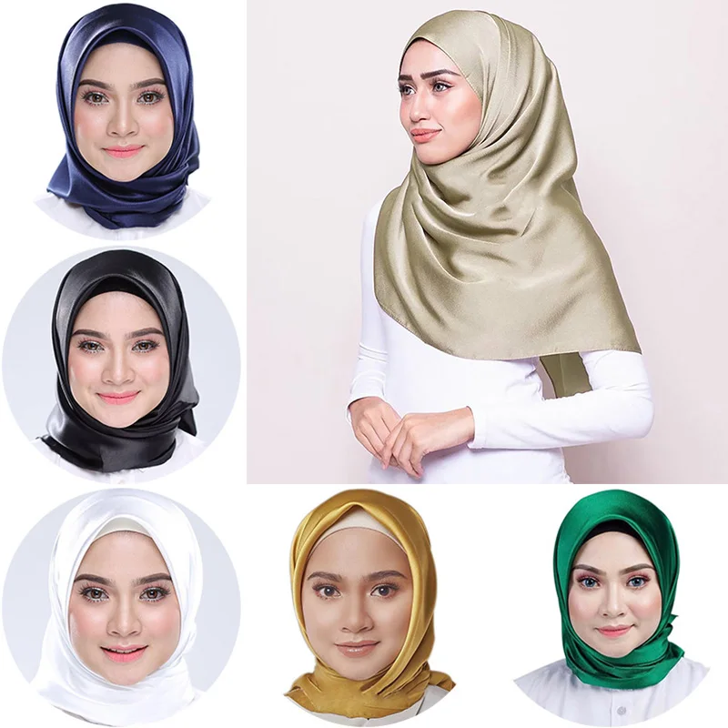 

Шарф для мусульманских женщин, шали, атласный Шелковый мусульманский хиджаб, квадратная шаль, шарф, модные однотонные мусульманские шарфы 90*90 см