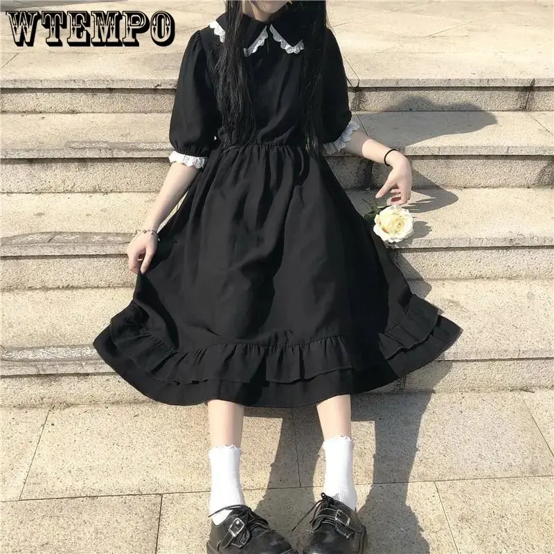 

WTEMPO Black Dress Women Lace Cute Summer Solid Casual Korean Style Sweet Fashion Sundress Girl's All-match Preppy Loose Dress