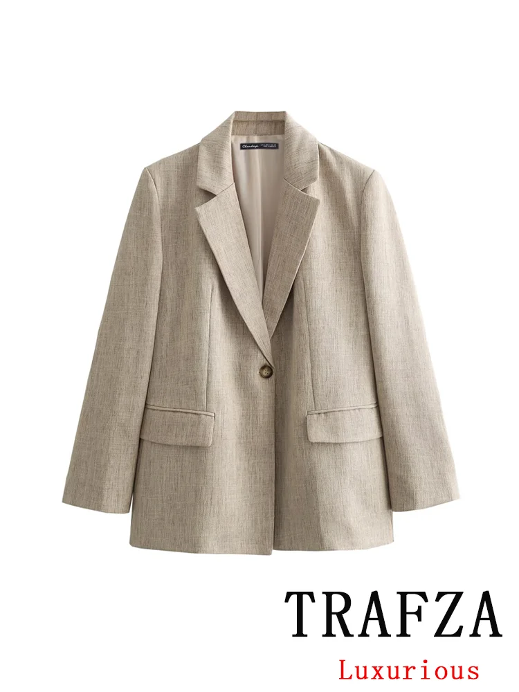 

TRAFZA Vintage Chic Casual Women Blazer Single Breasted Solid V Neck Long Sleeve Pockets Blazer Fashion 2024 Office Lady Blazers