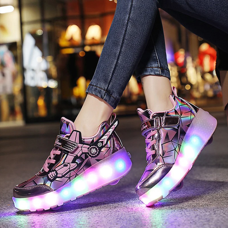 

Детские двухколесные туфли, перезаряжаемые Яркие кроссовки со светодиодной подсветкой, обувь для мальчиков и девочек, роликовые коньки с крыльями