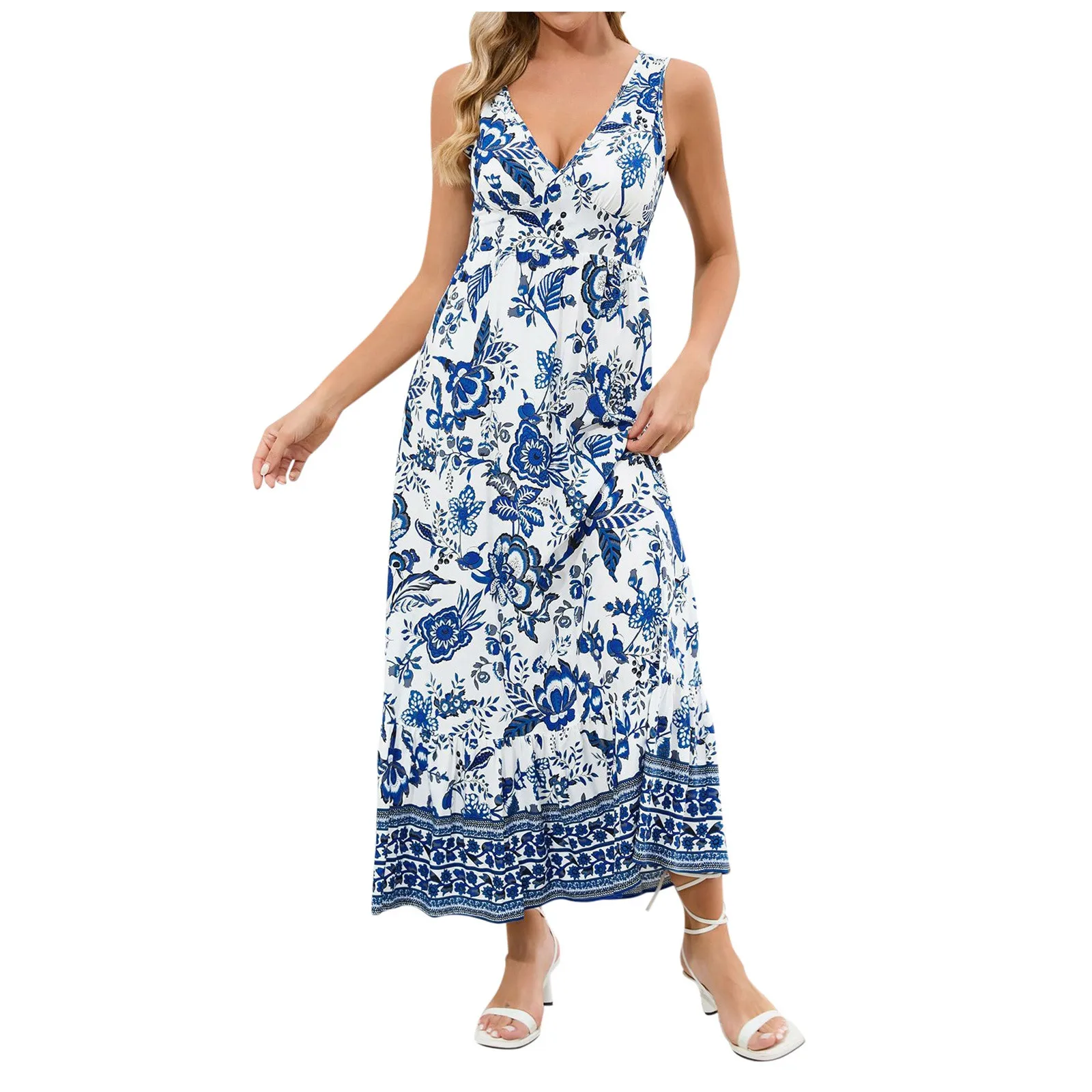 

Платье женское длинное в стиле бохо, сарафан-макси с V-образным вырезом, без рукавов, а-силуэт, праздничное платье с принтом, лето