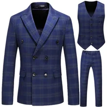 Mens Stripe Suit High Quality Gentleman Double Breasted Blazer 3 Pcs Set Slim Fit Wedding Male Blazer Jacket Coat Pants Vest