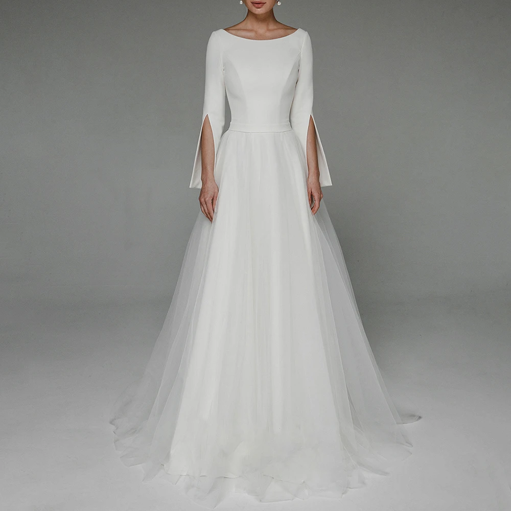 

Simple Wedding Dress Scoop Neck Bride Long Sleeves Jersey and Tulle A-Line Floor Length with Belt and Buttons Illusion Back Gown
