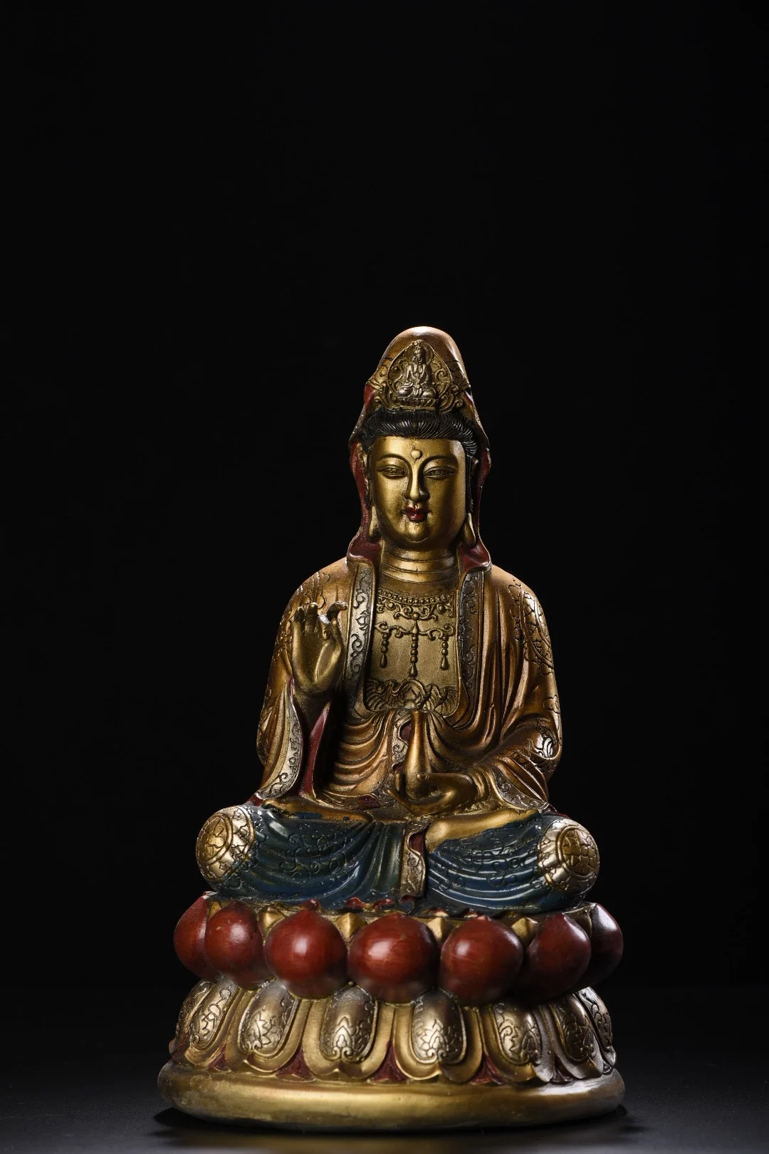 11"Tibetan Temple Collection Old Bronze Painted Gilded washing bowl Guanyin Bodhisattva Sitting Buddha worship hall Town House 
11"Tibetan Temple Collection Old Bronze Painted Gilded washing bowl Guanyin Bodhisattva Sitting Buddha worship hall Town House