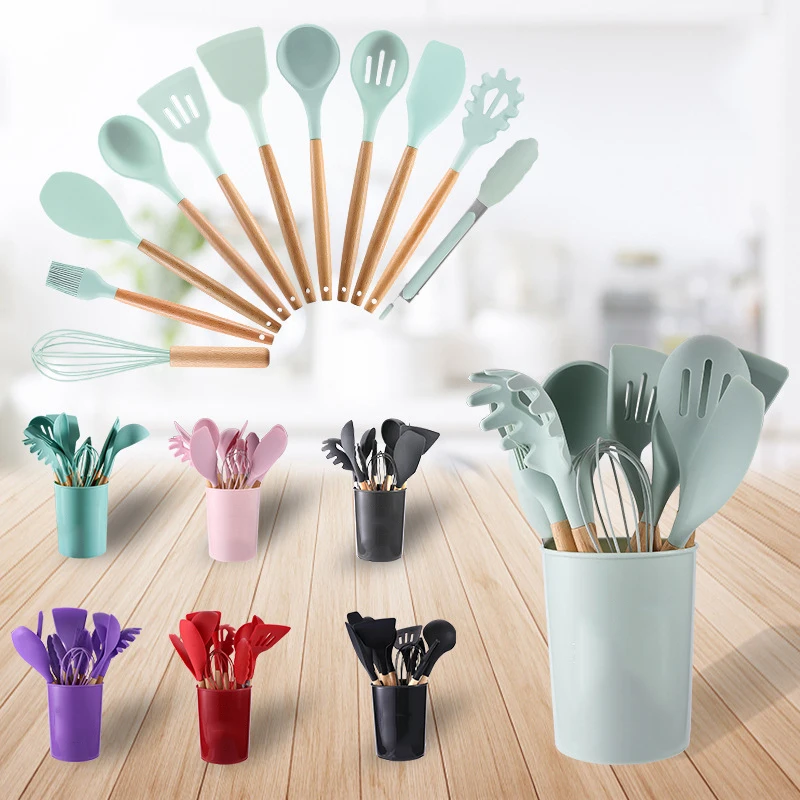 

12PCS Silicone Kitchen Utensils Set Non-Stick Cookware for Kitchen Wooden Handle Spatula Egg Beaters Kitchenware Accessories Hot