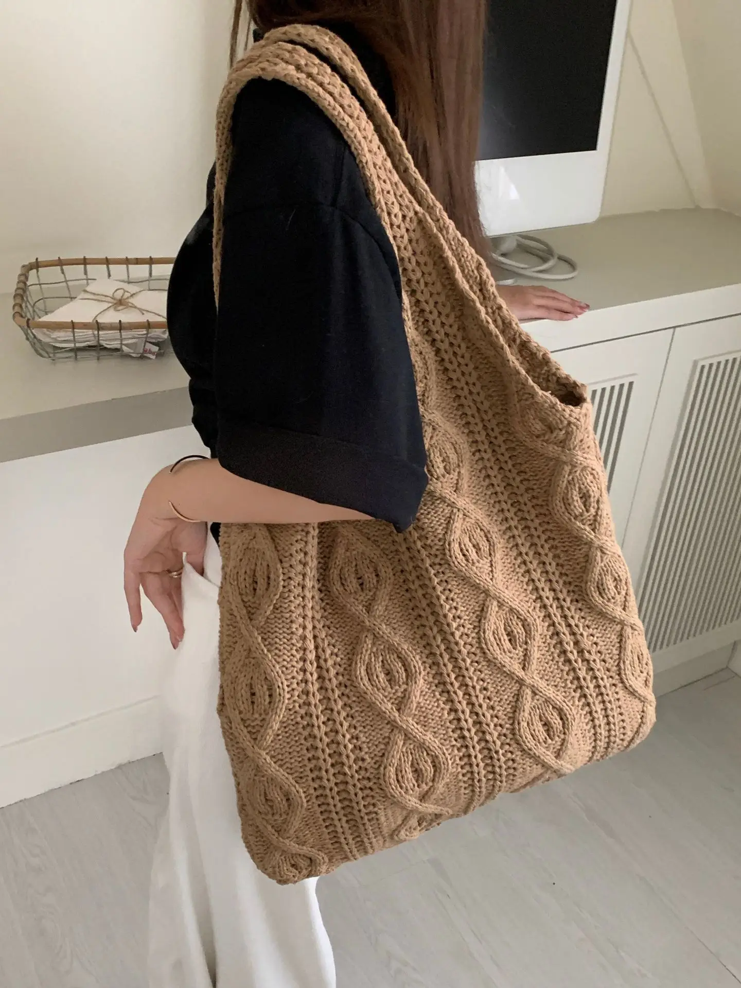

Wool Large Knit Bag Shoulder Shopping Bag for Women Vintage Cotton Cloth Girls Tote Shopper Bag Large Female Handbag Crochet Bag