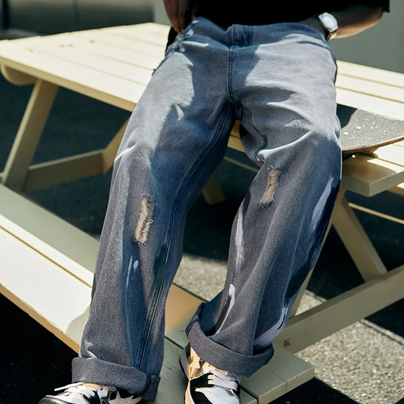 

Men Inkjet Washed Jeans Spring Fashion Hip Hop Denim Streetwear Trousers Korean Style Jogger All Match Tactical Wide Leg Pants