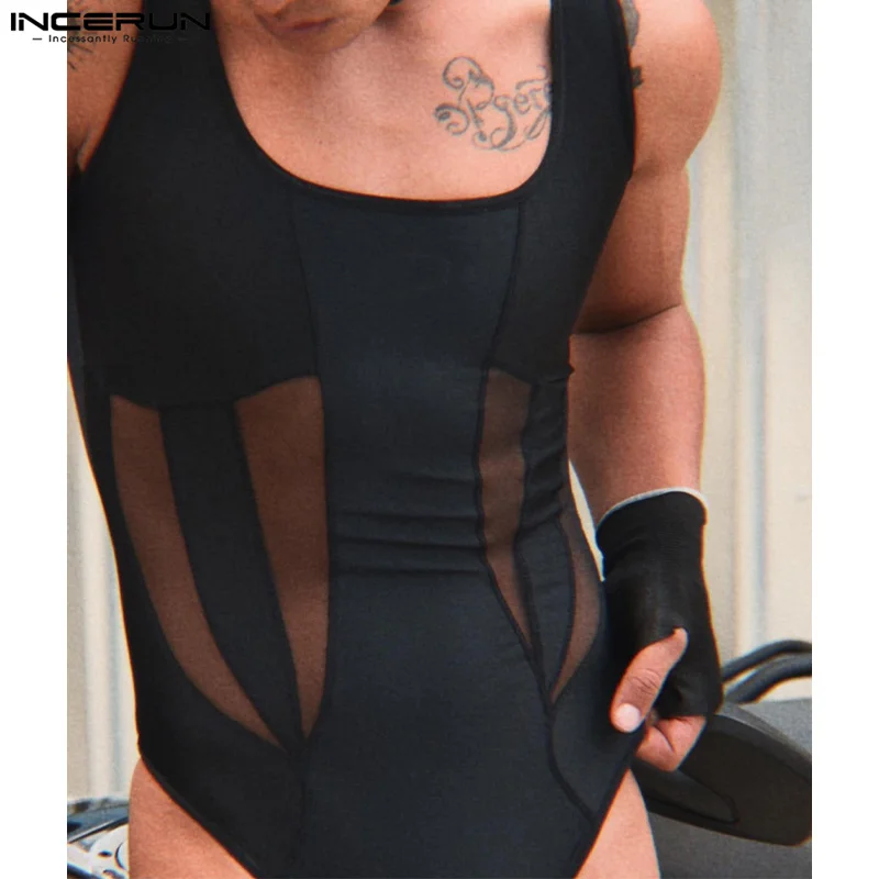 

2024 Men Bodysuits Mesh Patchwork Sexy Sleeveless Fashion Rompers Men Streetwear Transparent Skinny Male Bodysuit S-5XL INCERUN