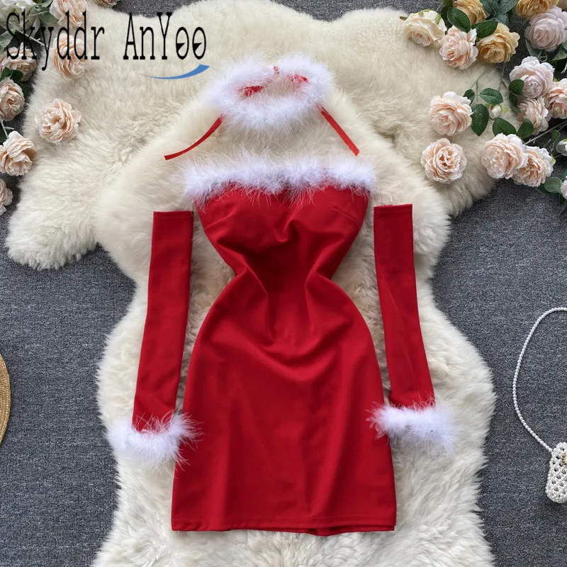 

Women Sexy Christmas Dress For New Year 2023 Strapless Backless Furry Bodycon Mini Short Dresses Red Party Dress Femme Robes