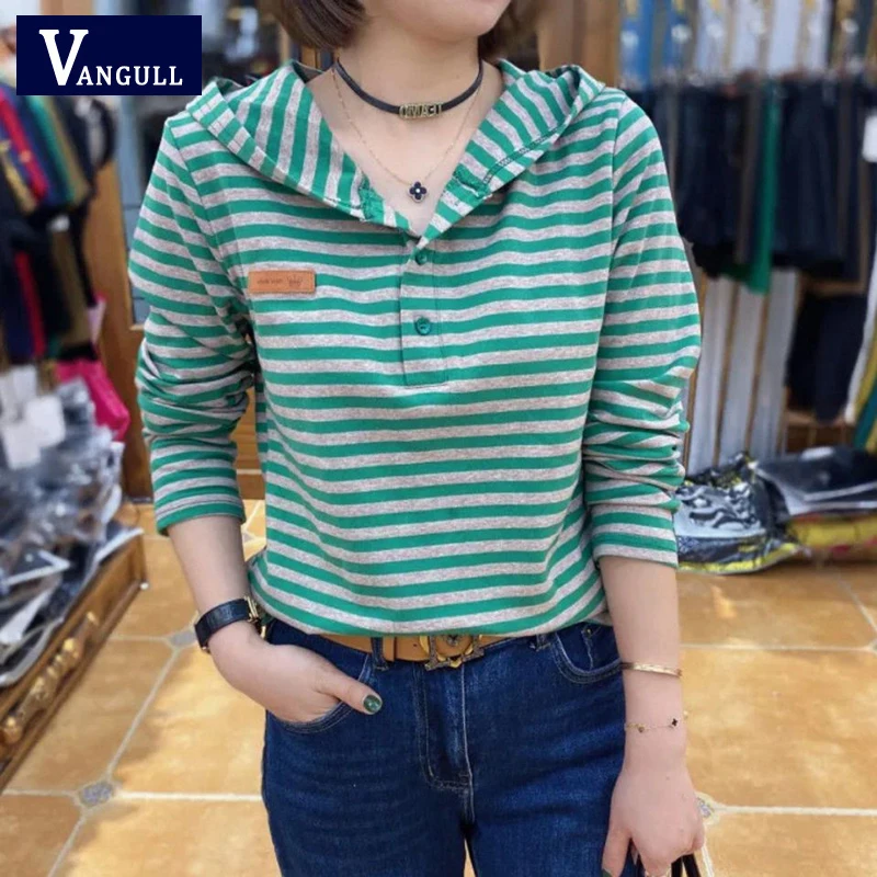 Vangull Korean Style Casual Hooded Women T-shirts Spring New Long Sleeve Stripe Female Tops Green Loose V-Neck Ladies Tees
Vangull Korean Style Casual Hooded Women T-shirts Spring New Long Sleeve Stripe Female Tops Green Loose V-Neck Ladies Tees