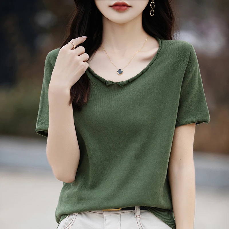 Women's T-shirt Spring/Summer 100% Cotton Sweater Short Sleeve Casual Loose Knitwear Ladies Tops Round Neck Blouse Pullover Tops
Women's T-shirt Spring/Summer 100% Cotton Sweater Short Sleeve Casual Loose Knitwear Ladies Tops Round Neck Blouse Pullover Tops