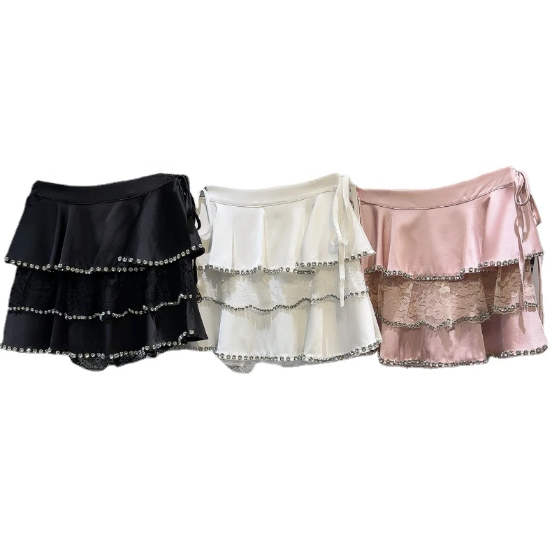 

2024 Summer New Classic Style Rhinestone Lace Stitching Elegant Socialite Satin Cake Skirt for Women