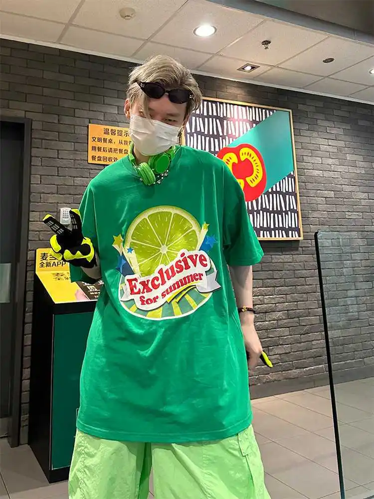 Pure cotton summer American couple fruit print short-sleeved T-shirt men loose casual Korean versatile green top trendy style 
Pure cotton summer American couple fruit print short-sleeved T-shirt men loose casual Korean versatile green top trendy style