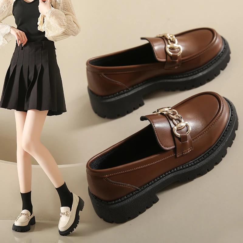 Chunky Loafers Women Genuine Cow Leather Platform Shoes Round Toe Metal Chain Slip on Ladies Flats Handmade 2023 Chunky Loafers Women Genuine Cow Leather Platform Shoes Round Toe Metal Chain Slip on Ladies Flats Handmade 2023
