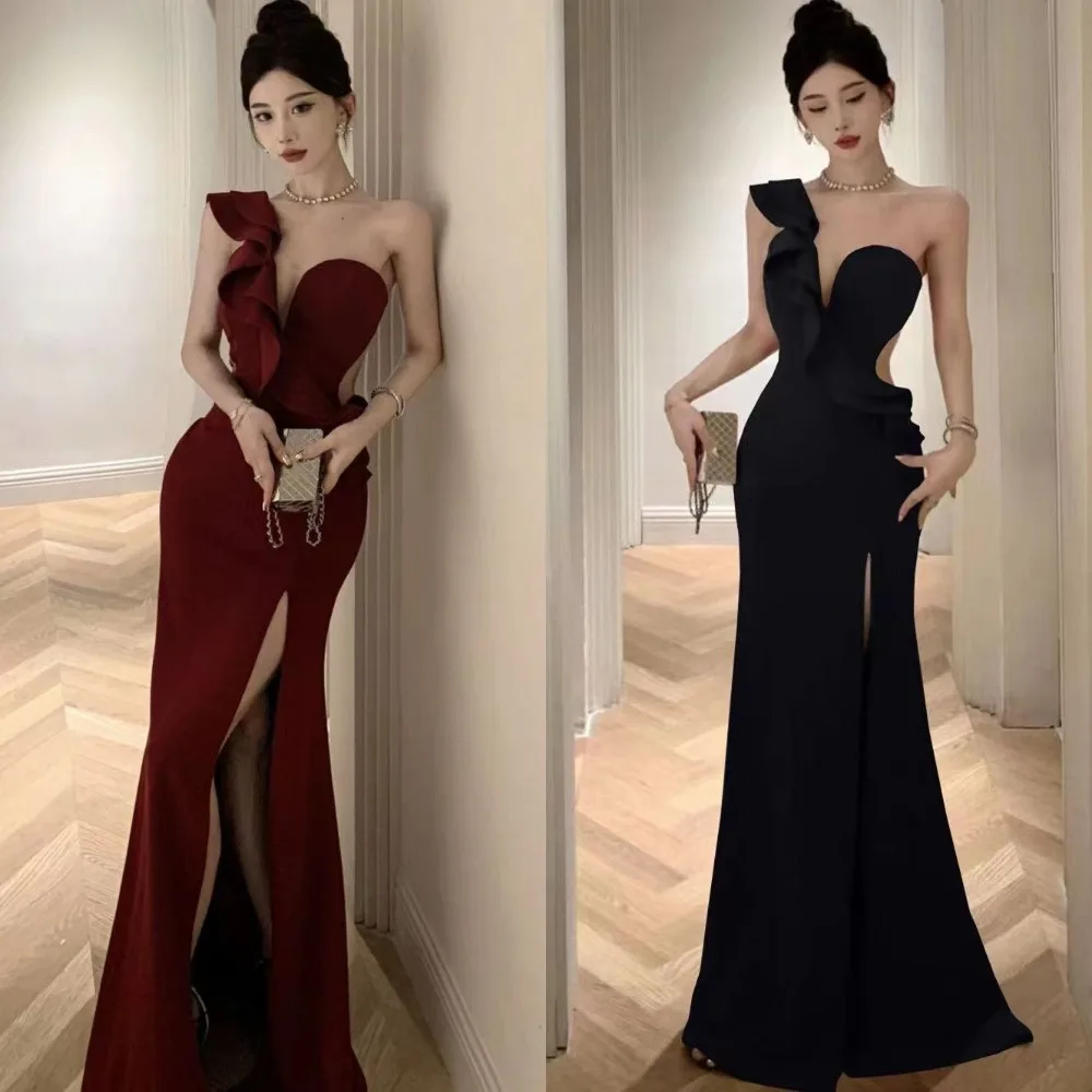 

One Shoulder Dark Red Black Long Dress Women Elegant Luxury Ruffle Ruffle Embellished Prom Dress Women