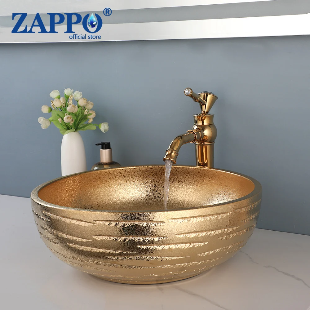 

ZAPPO Ceramic Bathroom Bar Vanity Vessel Sinks Above Counter Round Bowl Hand Painted Countertop Sink Art Basin Sink Faucet Combo