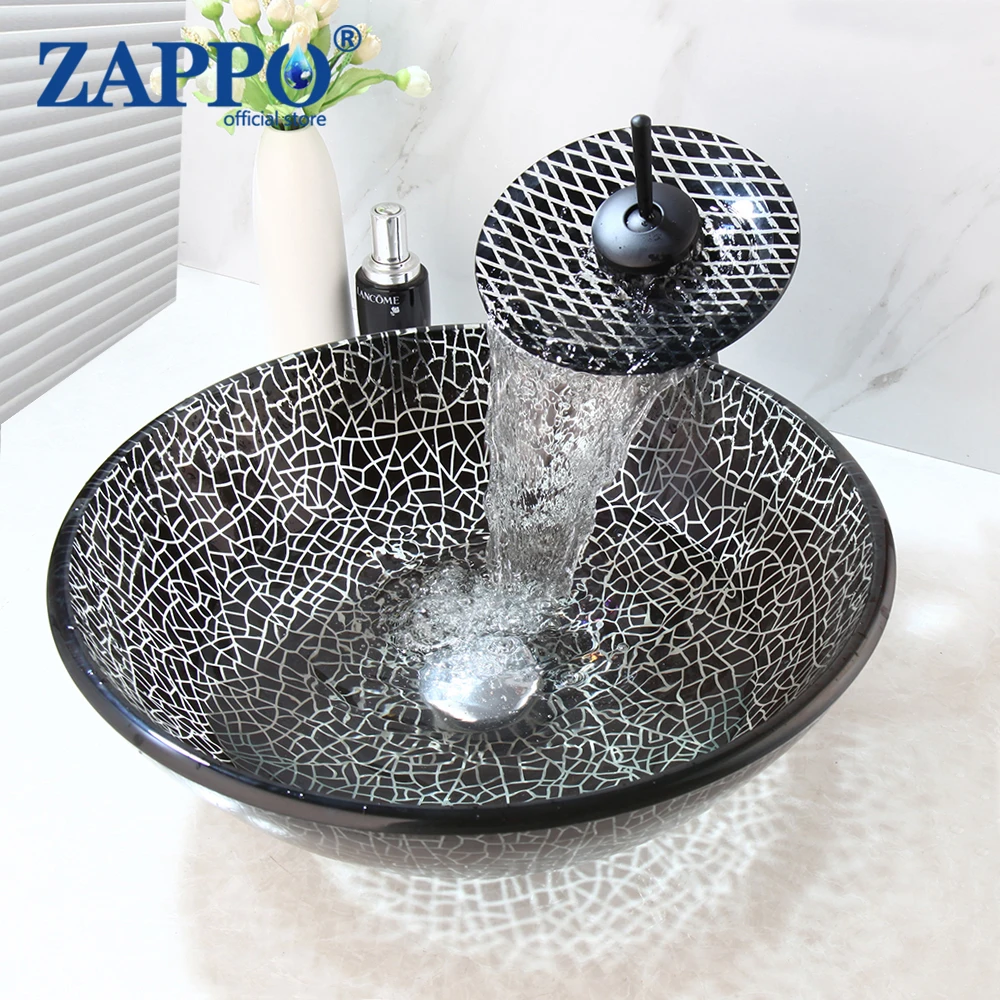

ZAPPO Bathroom Black Art Washbasin Tempered Glass Vessel Sink Faucet Combo With Waterfall Mixer Deck Mounted Basin Faucets Tap