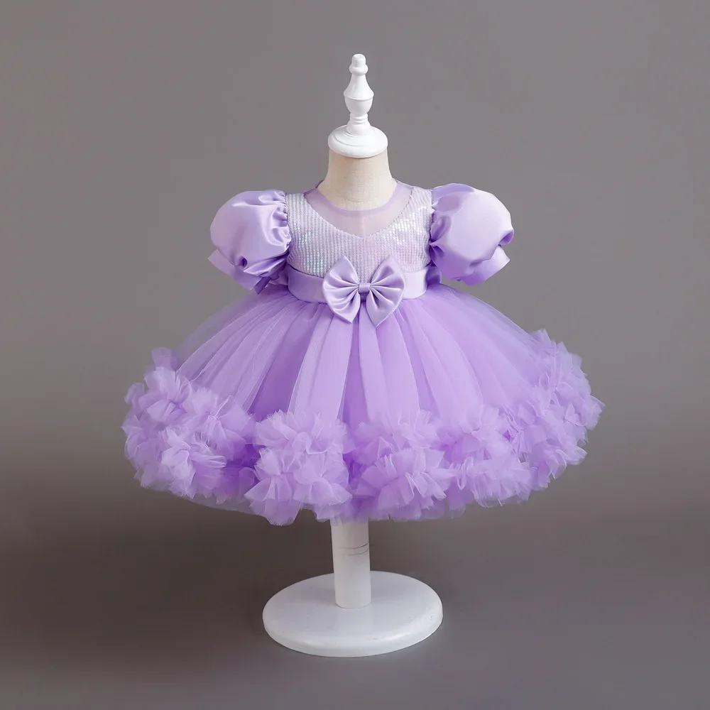 

Purple Girl Kid's Dress Sequined Tutu First Birthday Party Wear Puff Sleeve Girl Princess Dress Christmas Ball Gown 1-6 Years