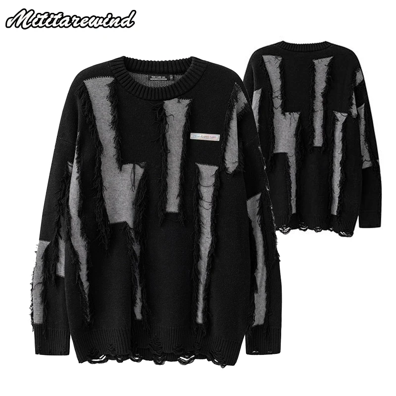 

Autumn Winter Hipster Sweater Contrast Color Ripped Tassels Pullovers Men and Women Hip Hop Streetwear Oversized Knitwear Couple