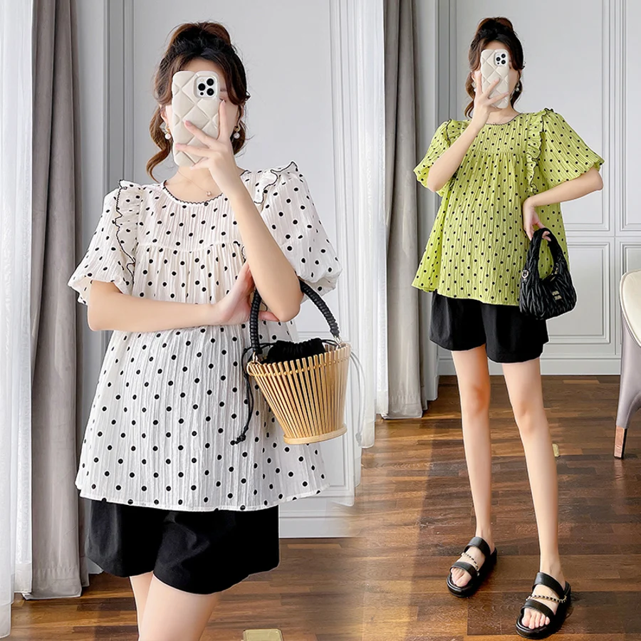 

686# Summer Fashion Polka Dot Printed Chiffon Maternity Blouse Sweet Cute Loose Tunic Clothes for Pregnant Women Pregnancy Tops