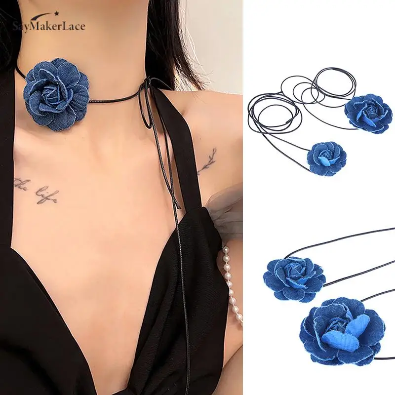 

Fashion Blue Multi Layers Flower Chokers Necklaces For Women Femme Cloth Chunky Necklace Wedding Casual Jewelry