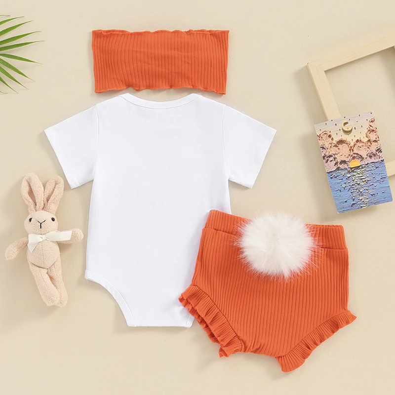 

Easter Outfit Baby Girl Summer Clothes BUNNY Letter Print Short Sleeve and Ribbed Shorts Set with Headband