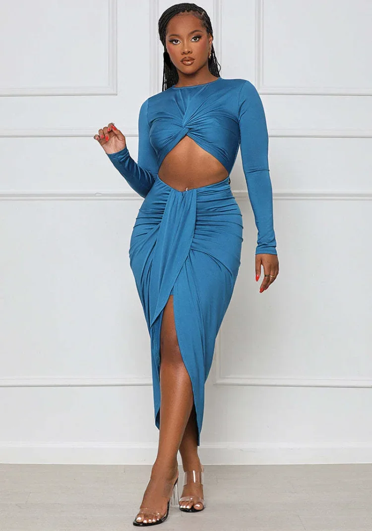 

WUHE Ruched Up High Split Long Sleeve Open Navel Draped Bodycon Midi Asymmetrical Dresses Autumn Winter Sexy Women Maxi Dress