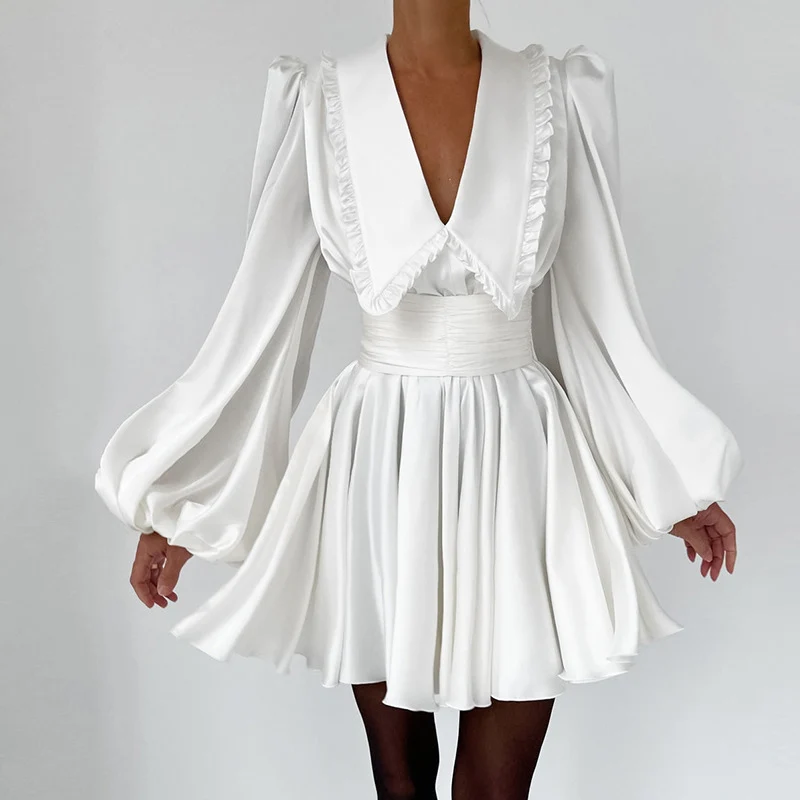 Autumn Spring V Neck High Waist Satin Dress Female Solid Color Lantern Sleeve Dress Elegant Pleated A-Line Mini Princess Dress
Autumn Spring V Neck High Waist Satin Dress Female Solid Color Lantern Sleeve Dress Elegant Pleated A-Line Mini Princess Dress