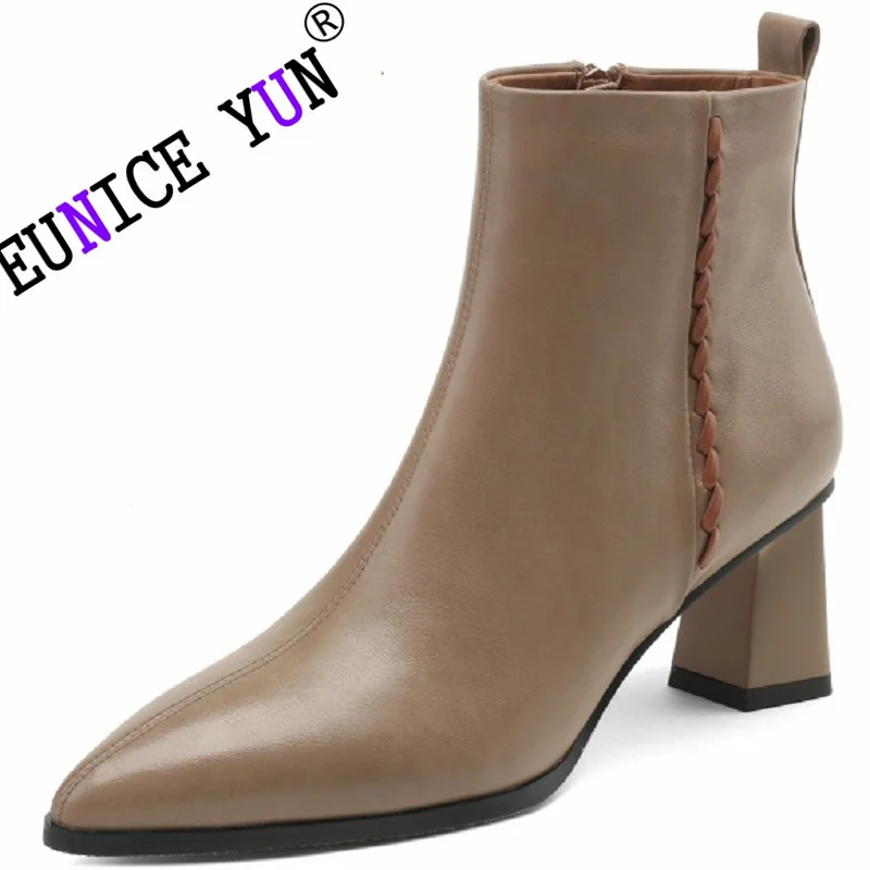 

【EUNICE YUN】Women Brand Genuine Leather Ankle Boots Split Chunky High Heel Wool Slip on Quality Designer Boots 34-40