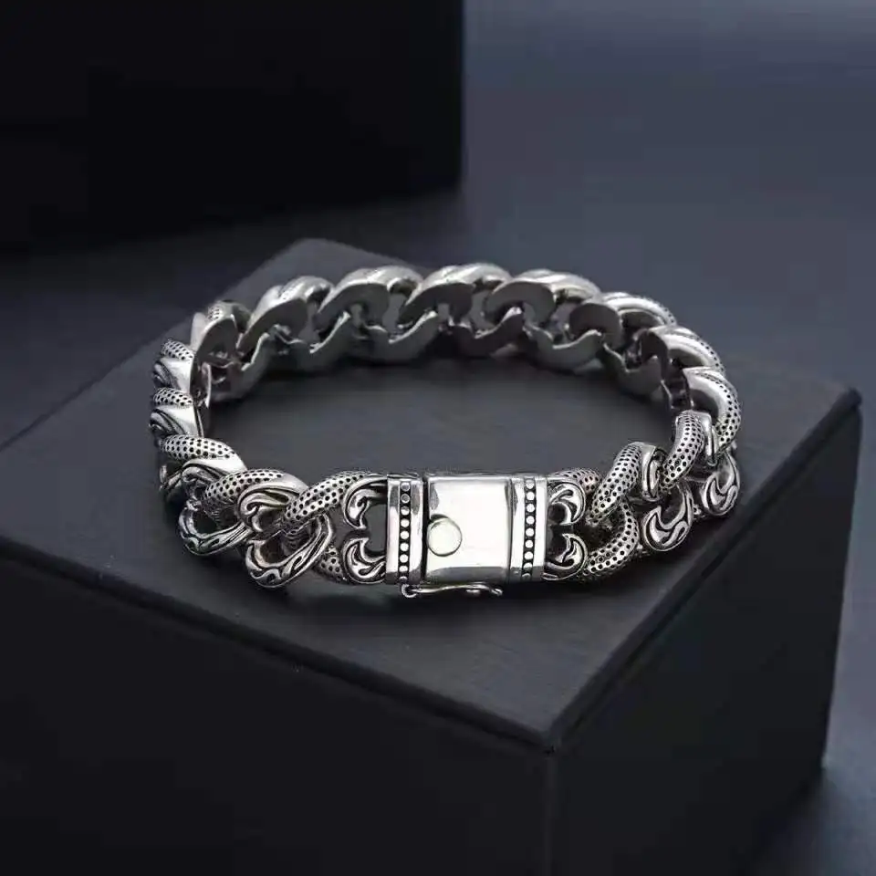 

Youth Pure Silver Retro Vine Pattern Bracelet, Men's Personalized Cool Jewelry, Thai Silver Punk Trendy Man Precision Wide Face