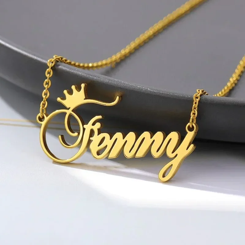 

Custom Name Necklace For Women Personalised Crown Cursive Font Gold Stainless Steel Letter Pendant Choker Jewelry Birthday Gifts