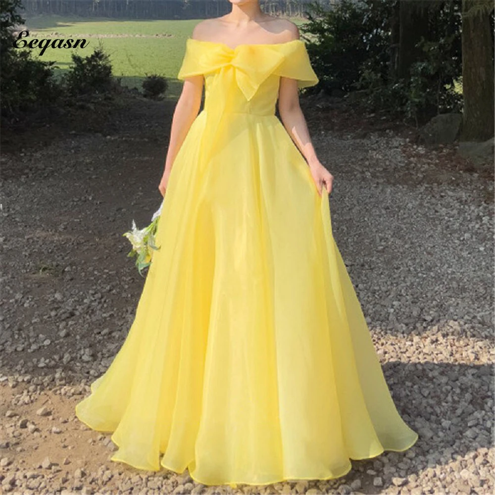 Trendy Yellow Organza Prom Dress Korea Bridal Gown Off the Shoulder Sleeves Bow Blush Pink Formal Party Gowns Night
Trendy Yellow Organza Prom Dress Korea Bridal Gown Off the Shoulder Sleeves Bow Blush Pink Formal Party Gowns Night