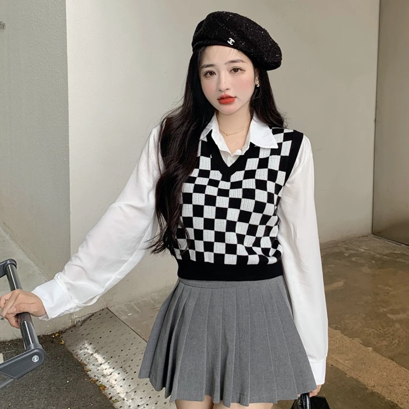 Vintage Autumn Women Plaid V Neck Sleeveless Vest Sweaters Fashion Ladies Slim Casual Knitted Top Girls Sweet Knitwear 
Vintage Autumn Women Plaid V Neck Sleeveless Vest Sweaters Fashion Ladies Slim Casual Knitted Top Girls Sweet Knitwear