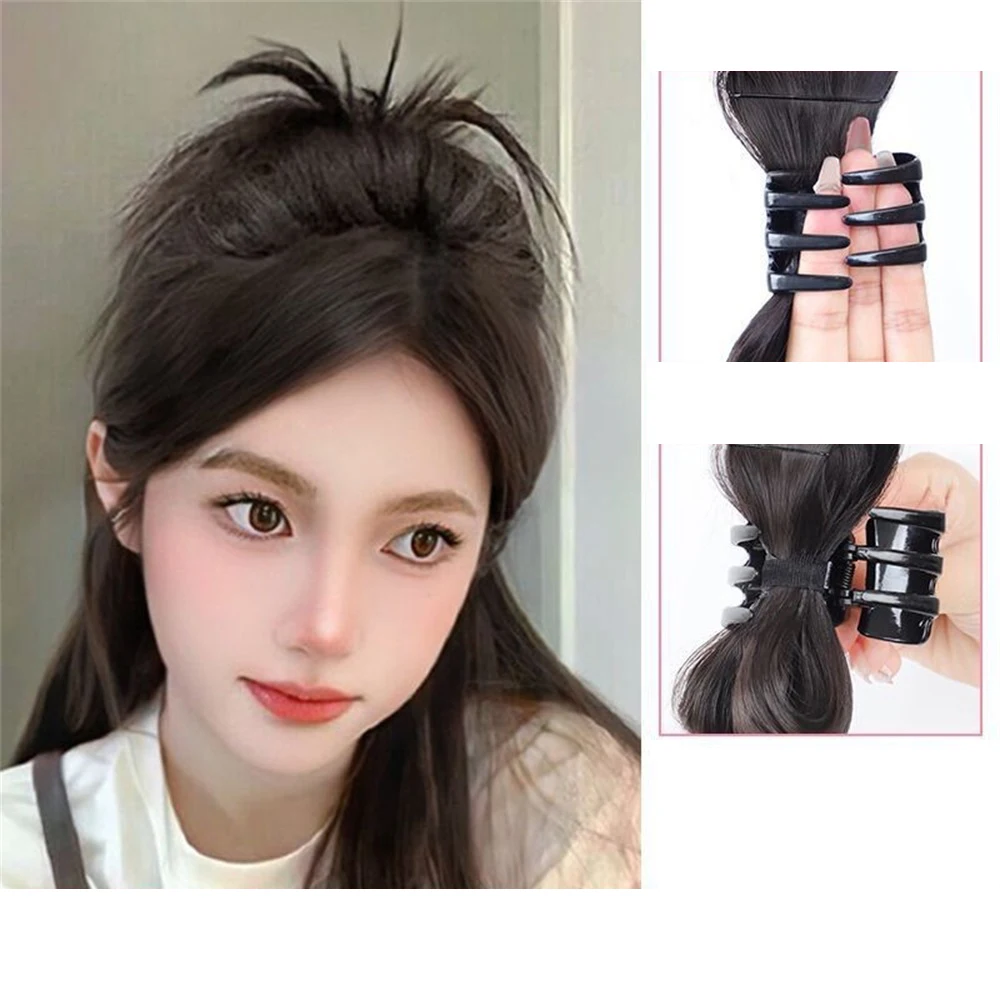 

Synthetic Fake Hair Extension Straight Bun with Claw Updo Chicken feather shuttlecock head Hairpiece For Girl Women Chignons