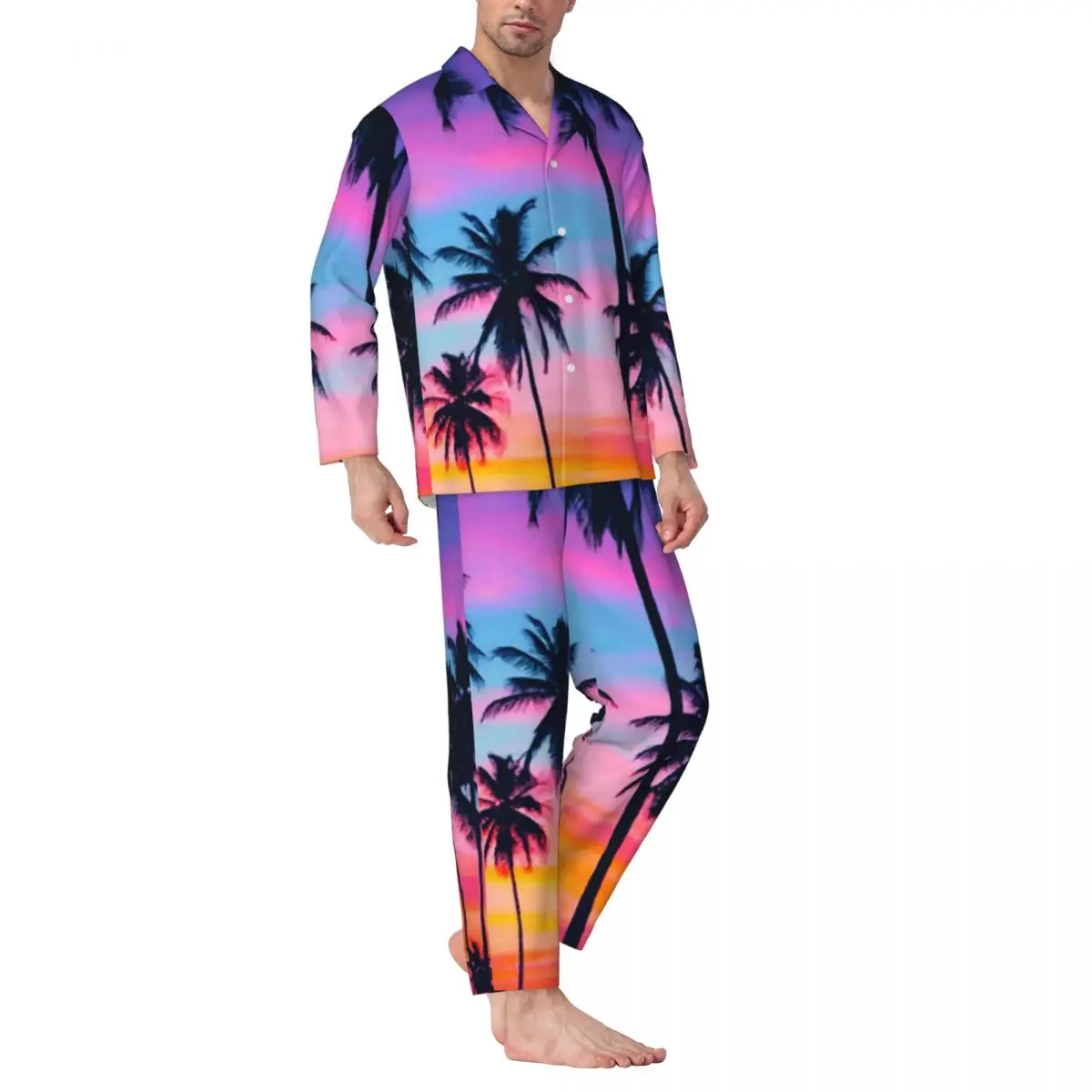 

Pajamas Men Miami Sunset Bedroom Nightwear Palm Trees Print 2 Piece Casual Pajama Set Long Sleeve Cute Soft Oversized Home Suit