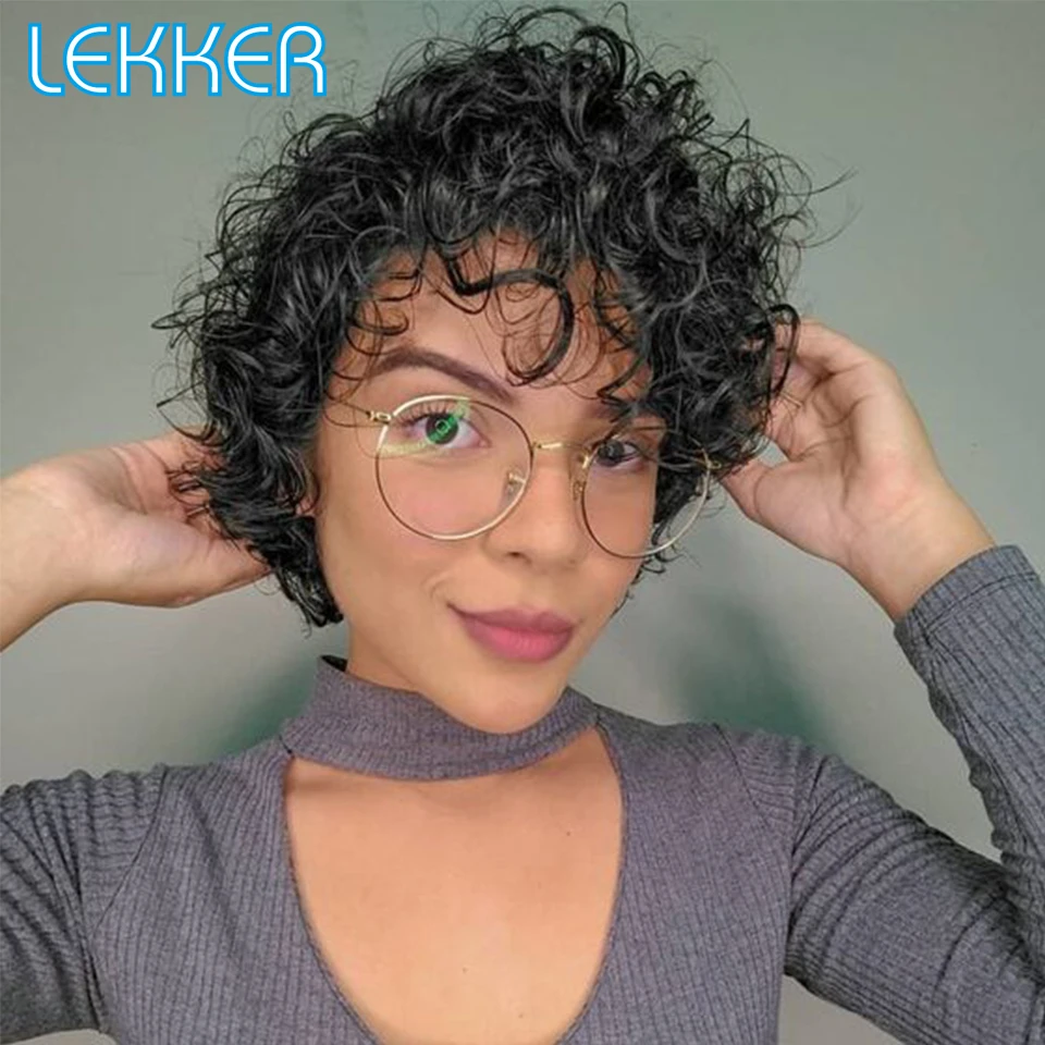 

Lekker Wear to go Short Afro Kinky Curly Bob Human Hair Wigs With Bangs For Women Brazilian Remy Hair Natural Black Curly Wigs