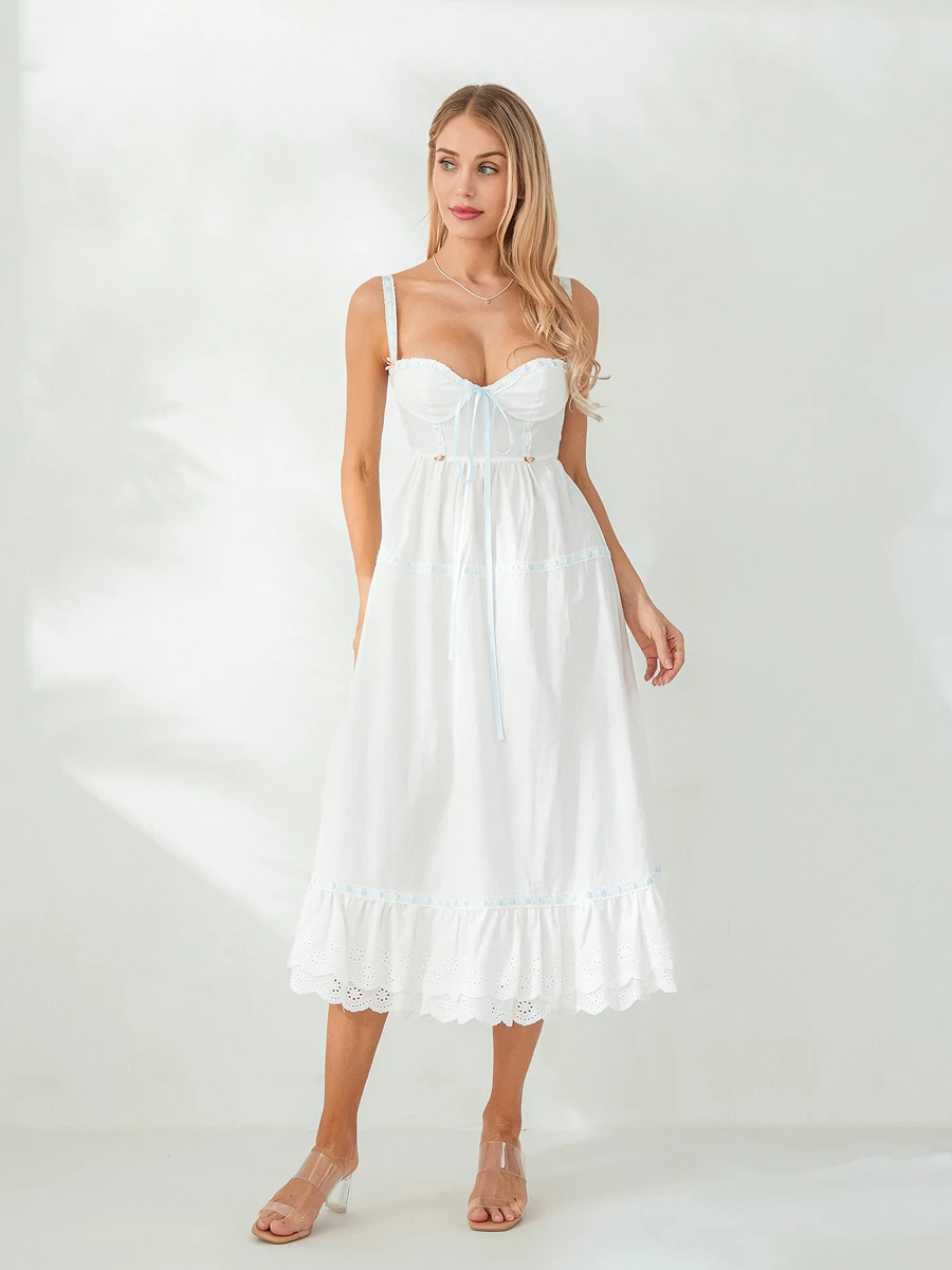 

2023 Women s Summer Sleeveless Midi Dress Elegant Low Cut Spaghetti Strap Casual Sundress with Tiered Ruffle Flowy Design for