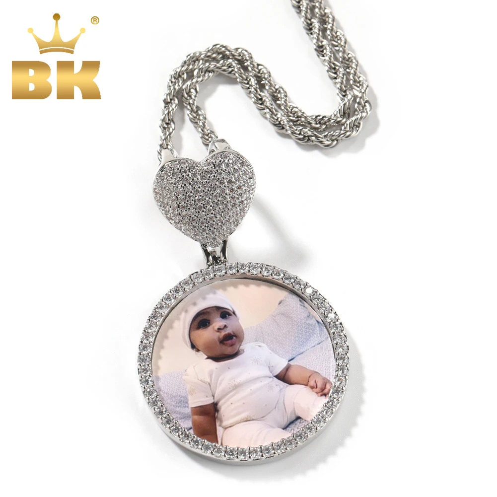 

THE BLING KING Heart Clasp Medallions Custom Round Photo Memory Pendant Engrave Name HipHop Jewlery Personalized Men Women Gifts
