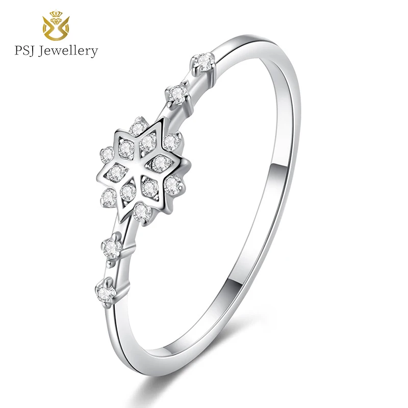 

PSJ Fashion Trendy Jewelry 18K Platinum Plated Snowflake Design Zircon Inlay S925 Sterling Silver Rings for Women Girls