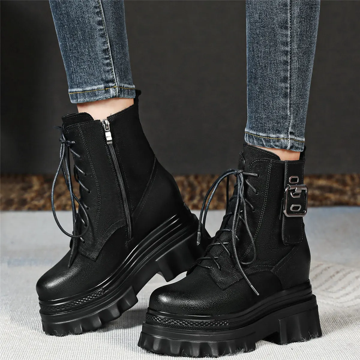 

Winter Fashion Sneakers Women Lace Up Genuine Leather Wedges High Heel Ankle Boots Female Round Toe Platform Pumps Casual Shoes