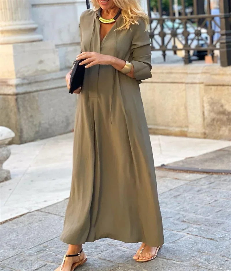 Female Splicing V Neck Simple Solid Color Lace-up Casual Boho High Waist Women Robe Autumn Winter New Long Sleeves Dresses
Female Splicing V Neck Simple Solid Color Lace-up Casual Boho High Waist Women Robe Autumn Winter New Long Sleeves Dresses