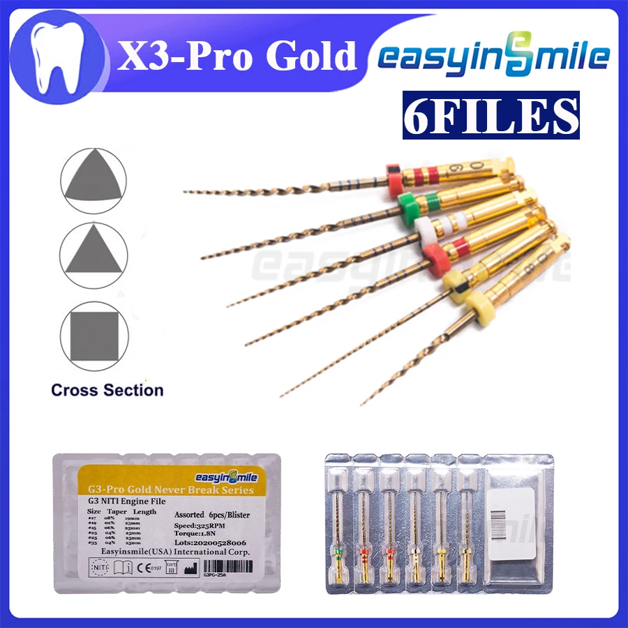 Easyinsmile Endodontic File Dental Endo NITI Files X3-Pro Gold Root Canal Engine Rotary Files 6Pcs/Pack
Easyinsmile Endodontic File Dental Endo NITI Files X3-Pro Gold Root Canal Engine Rotary Files 6Pcs/Pack
