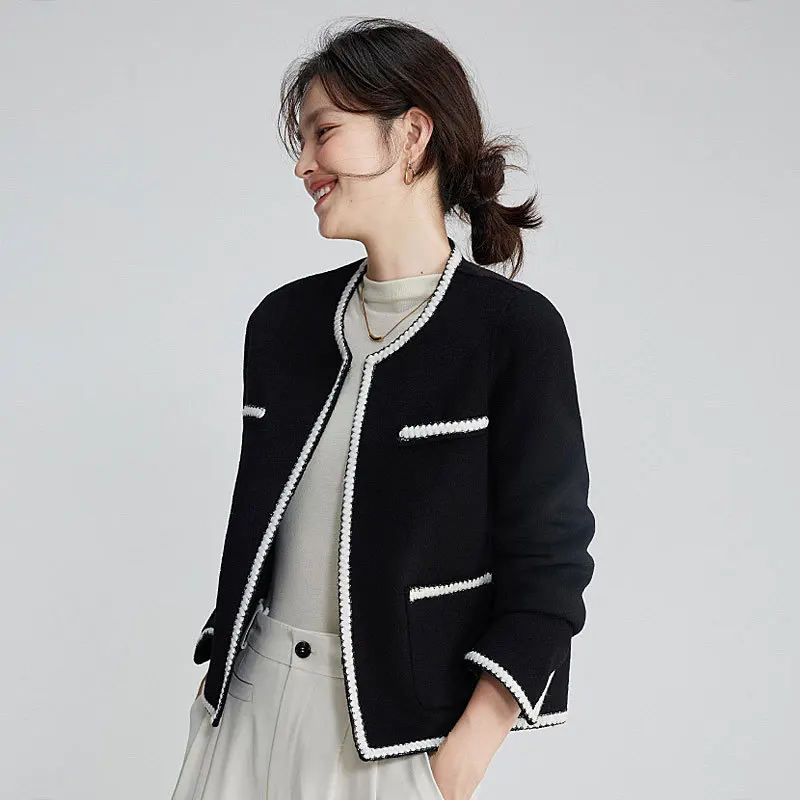 Double-Sided Cashmere Coats Spring Autumn Women Round Neck Cardigan Overcoat Elegant Fashion Black Short Wool Jackets Mont Kadın
Double-Sided Cashmere Coats Spring Autumn Women Round Neck Cardigan Overcoat Elegant Fashion Black Short Wool Jackets Mont Kadın