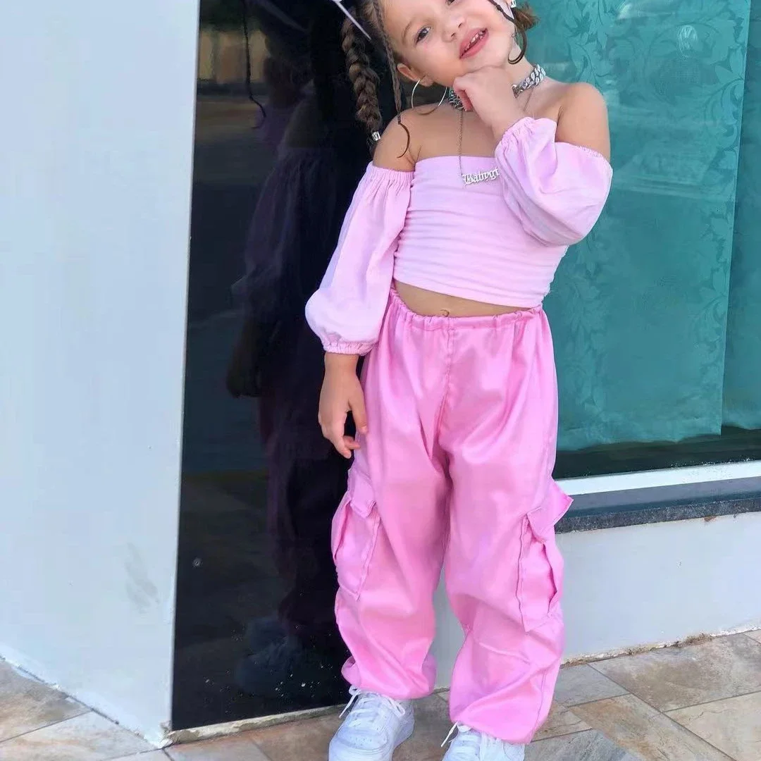 New Girls Clothes Sets Boat Neck Off Shoulder Long Sleeve Pink Crop Tops + Cargo Pants Kids Children Clothing Sets For 2-7 Years
New Girls Clothes Sets Boat Neck Off Shoulder Long Sleeve Pink Crop Tops + Cargo Pants Kids Children Clothing Sets For 2-7 Years