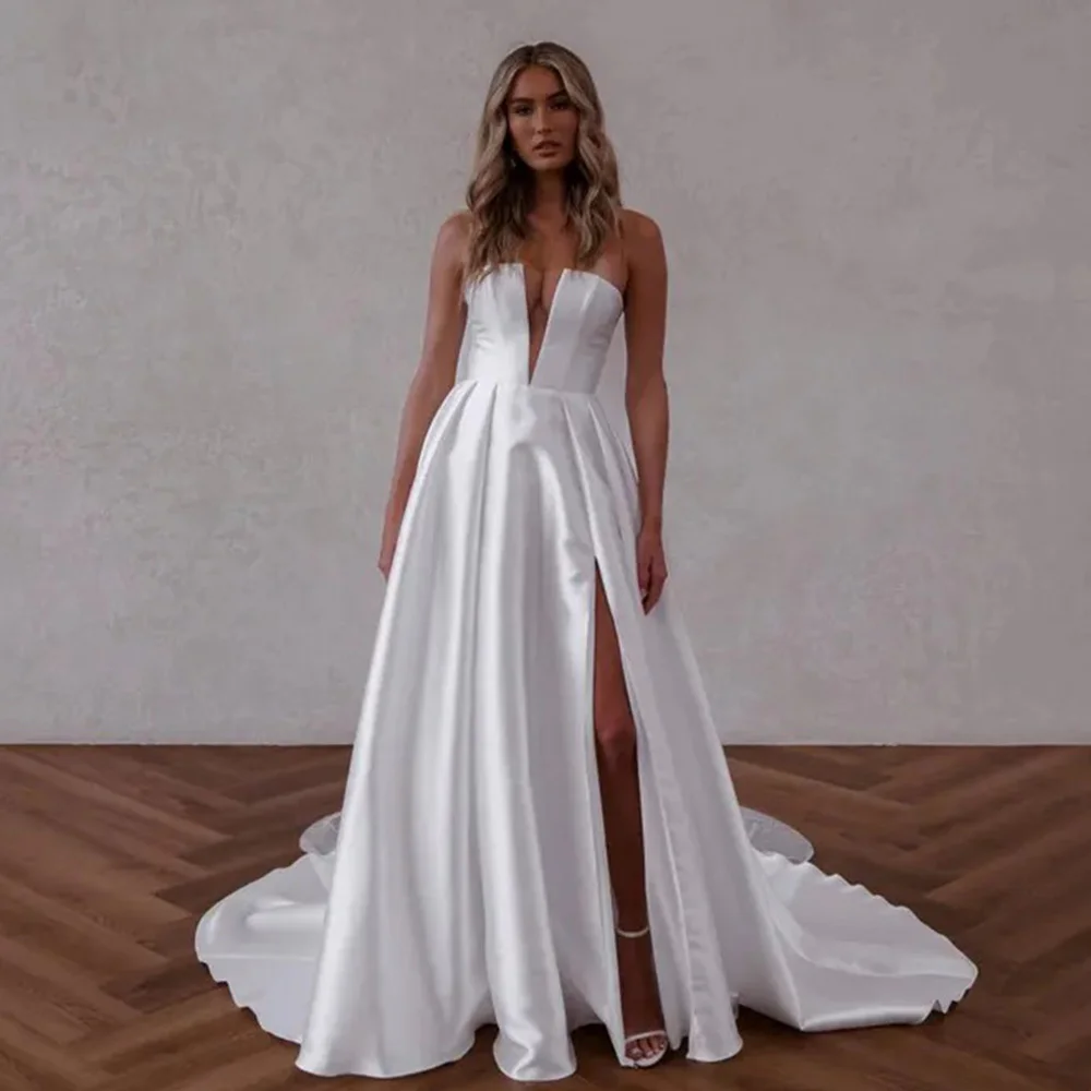 

Romantic V Neck A Line Satin Wedding Dresses For Women Side Slit Pleat Satin Bridal Gowns Sweep Train Vestido De Noiva 2023