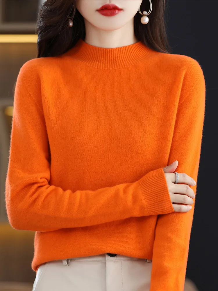 

100% Pure Wool Women Sweater Mock Neck Soft Pullover Spring Autumn Winter Casual Knit Tops Solid Color Regular Female Knitwear